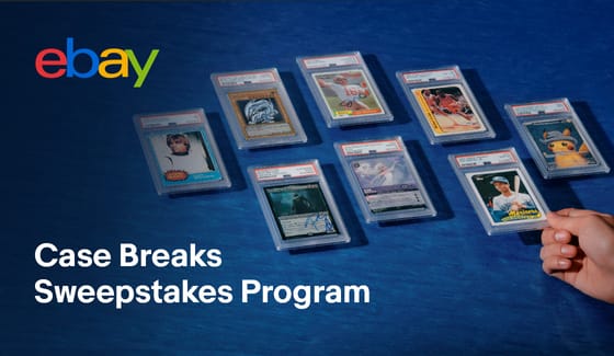 Banner featuring trading cards displaying the text: eBay Case Breaks